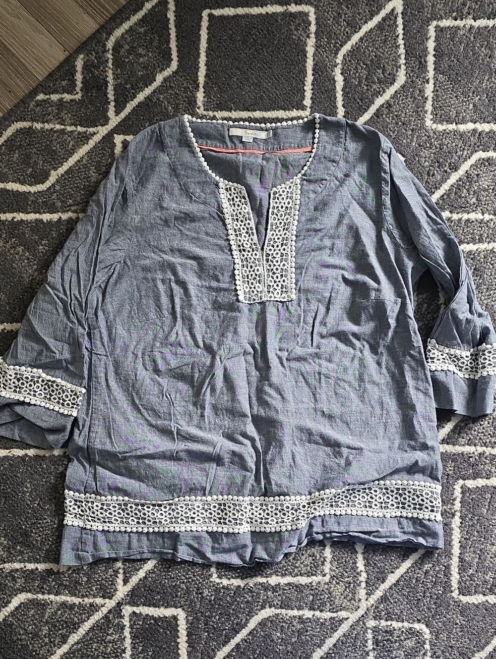 Boden Blue Tunic with White Crochet Trim